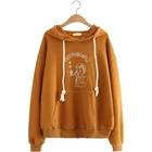 Женская толстовка с капюшоном, желтая однотонная Повседневная Толстовка с мультяшной вышивкой, с длинным рукавом и карманами, Женский пуловер, спортивный костюм, зима 2021