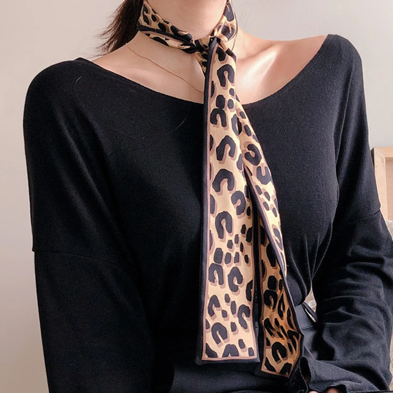 

NEW Silk Scarf 2021 Leopard Animal Print Scarf Women Small Handle Bag Ribbons Female Neckerchief Head Long Scarves