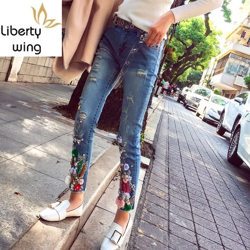 Luxury New Beading Jeans Woman Embroidery Flower Ankle-Length Ripped Pencil Pants Office Lady Street Stretch Denim Trouser