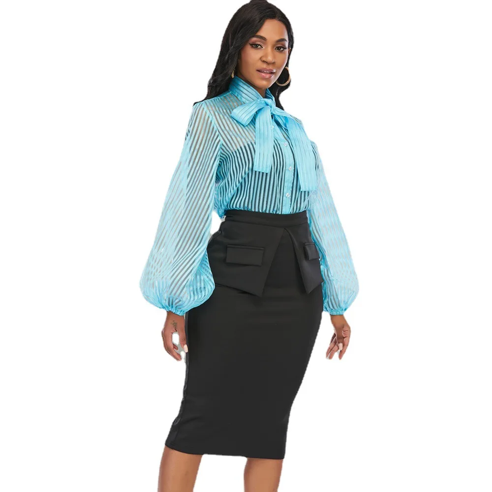 

Plus Size Women Suits Two Piece Sets Sexy Striped Tops and Bodycon Shirt 2 Piece Sets Office Ladies Work Wear Casual Suits 2021