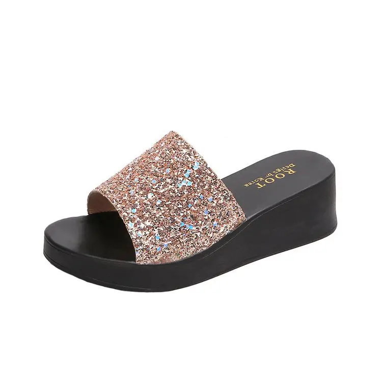 

Low Shoes Flock Womens Slippers Outdoor Slides Shale Female Beach On A Wedge Platform Pantofle Heeled Mules Summer Sabot 2021