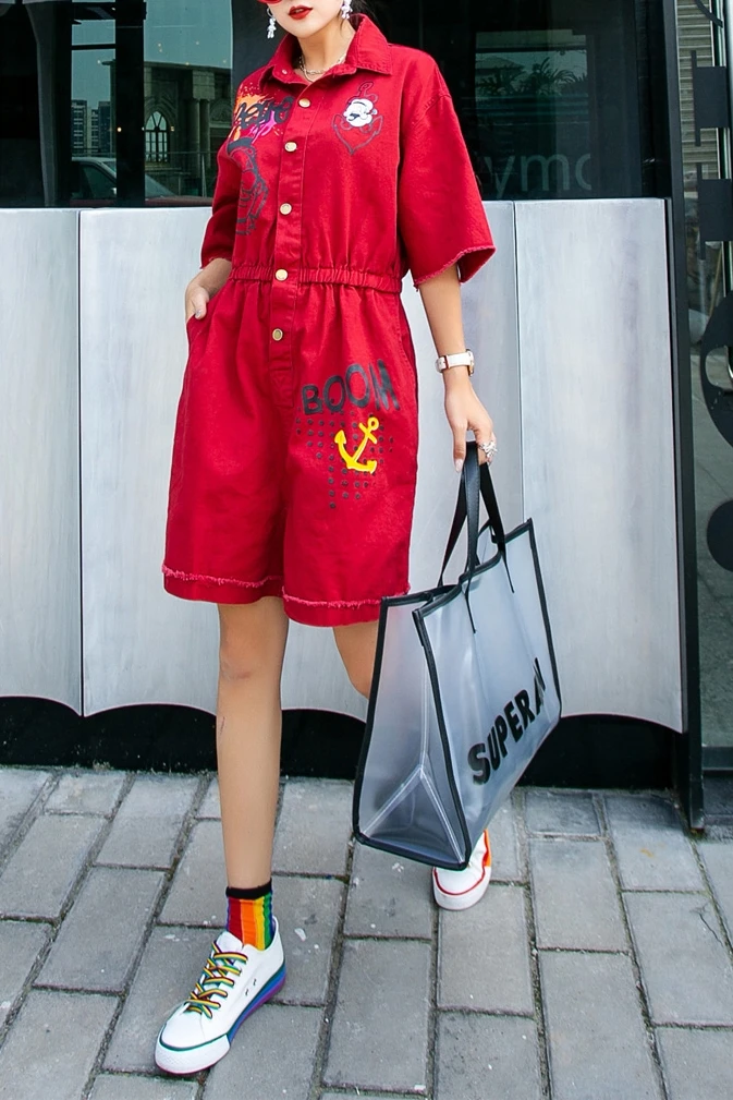 

QING MO Red Women Denim Playsuits 2020 Women Letter Printed Playsuits Female Summer Turn Down Collar Playsuits ZQY3943
