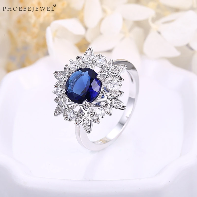 PHOEBEJEWEL Новое поступление серебряные цветные кольца для женщин с AAA синим CZ