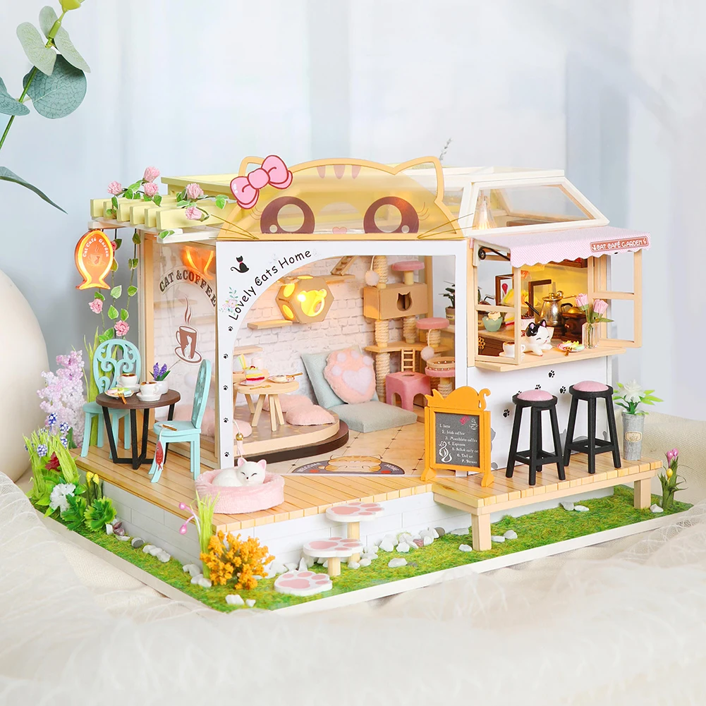 

DIY Dollhouse Leisure Cat Coffee Garden Creative Handmade Wooden Doll House Toy With LED Miniature Furniture Birthday Gift