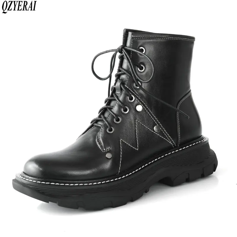 

QZYERAI 2020 new Martin boots leather thick soles comfortable casual British style lace-up round head ankle boots Size 34-40
