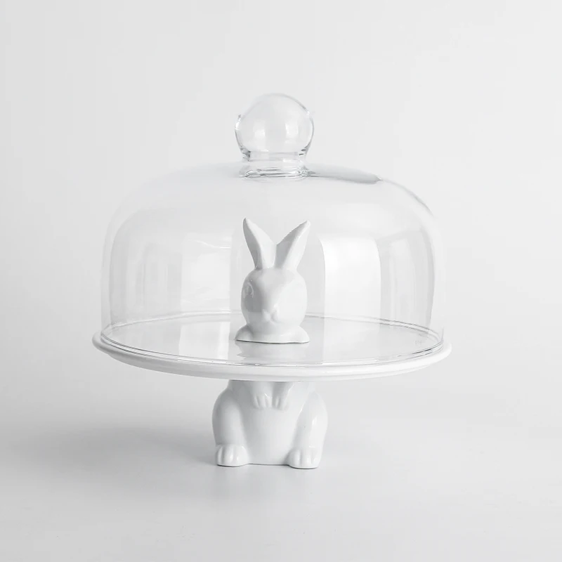

Nordic Cute Rabbit Fruit Plate Glass Cover Cake Tray Zero Household Tableware White Ceramic Plate Wedding Dessert Storage Tray