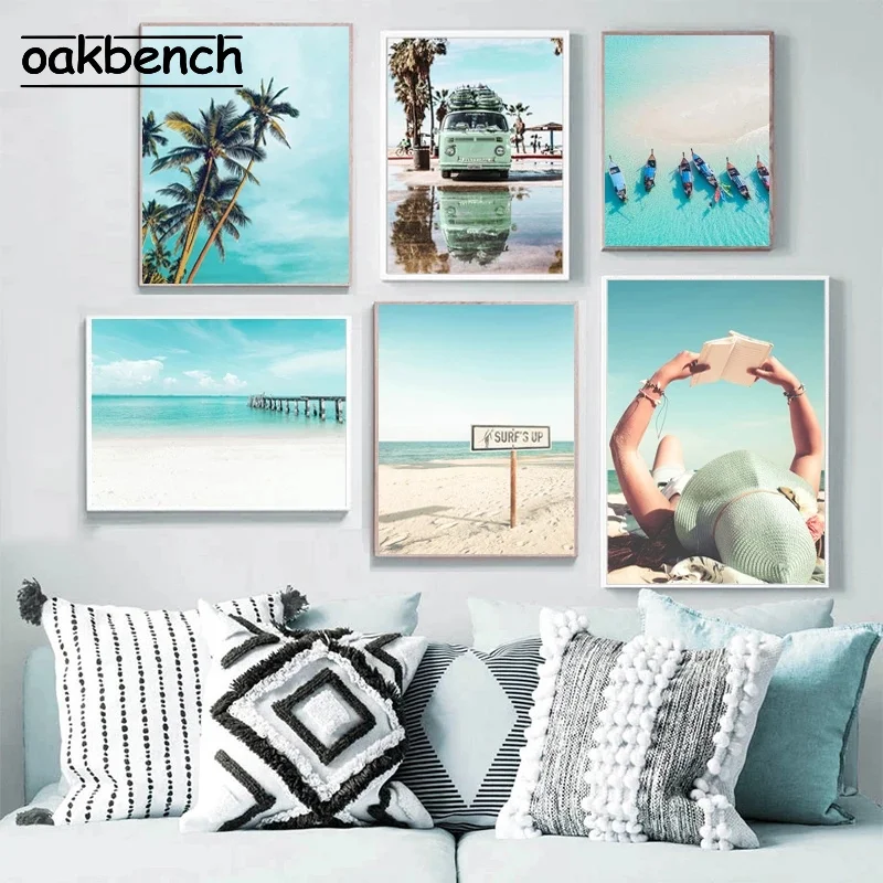 

Nordic Poster Landscape Canvas Painting Palm Trees Posters Blue Seascape Art Prints Car Print Modern Wall Pictures Home Decor