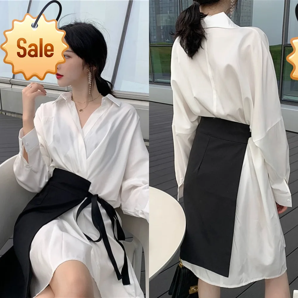 

2020 осеннее Новое милое длинное белое платье-рубашка с отложным воротником корейские современные женские платья