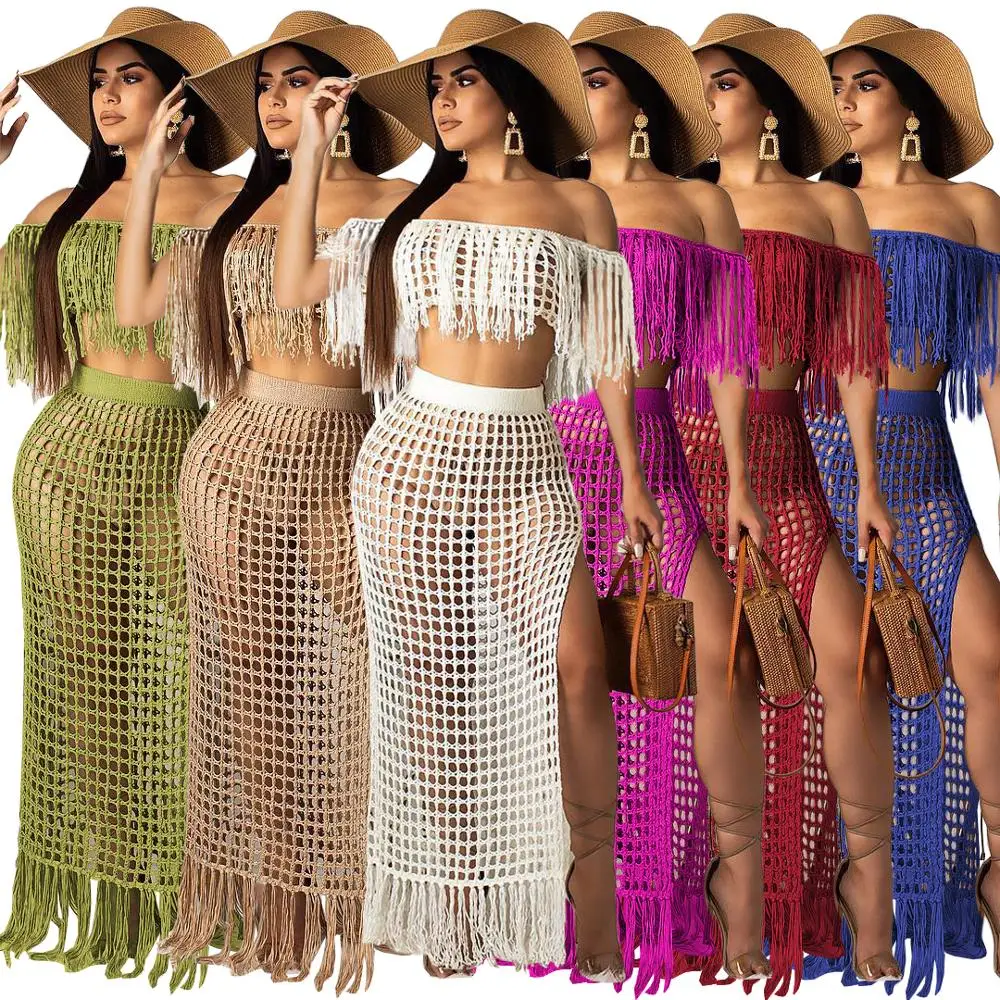 

RT Sexy Knitted Women Set Two Pieces Set Slash Neck Cover Ups Slit Tassel Skirt 2 Pieces Set Hollow Out Beach Crocheted Suit