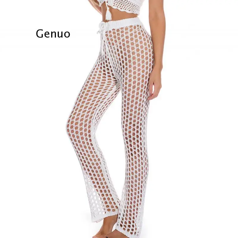 

New Sexy Tunic Crochet See Through Beach Lounge Pants White Black Fashion Fishnet Sheer Long Wide Leg Bottoms Beachwear Trousers