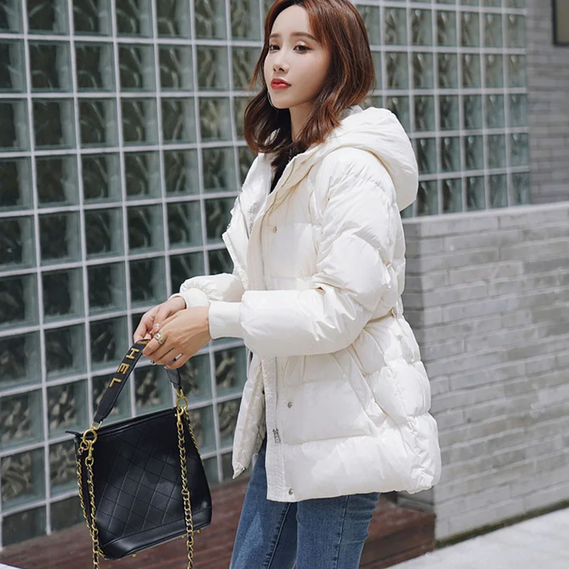 

New Winter Bright Face Down Jacket Women's Loose Short White Duck Down Overcoat Thick Warm Hooded Parka Outerwear Abrigo Mujer