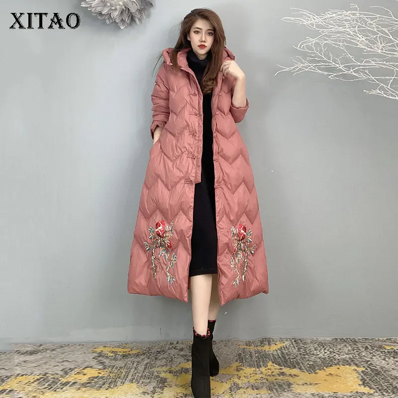 

XITAO/пуховые пальто с вышитым цветочным узором, однотонные, универсальные, с капюшоном, в китайском стиле, однобортные, новые, женские, повсед...