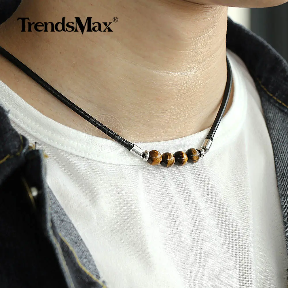 Trendsmax 8mm Natural Tiger Eye Stone Bead Necklace Charm Black Leather Cord Choker Necklace for Men Women Jewelry Gift DN125