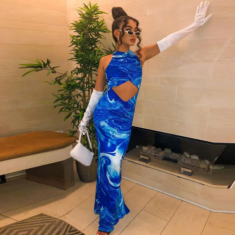 

Dourbesty Paisley Print Ruched Cut Out Women's Dresses Halter Neck Sleeveless Backless Maxi Dress for Ladies Vacation Streetwear