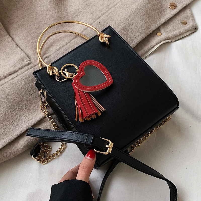 Элегантная женская сумка-тоут с металлическим кольцом Новая высококачественная женская дизайнерская сумка из искусственной кожи с кисточкой на цепочке сумка-мессенджер