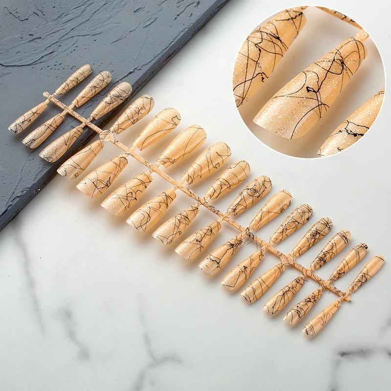 

30tips/pc Colorful Flash Glitter Metal Line Press on Nails Nail Tips Wearable Long Coffin Fake Nails Full Cover Nail Art Tips