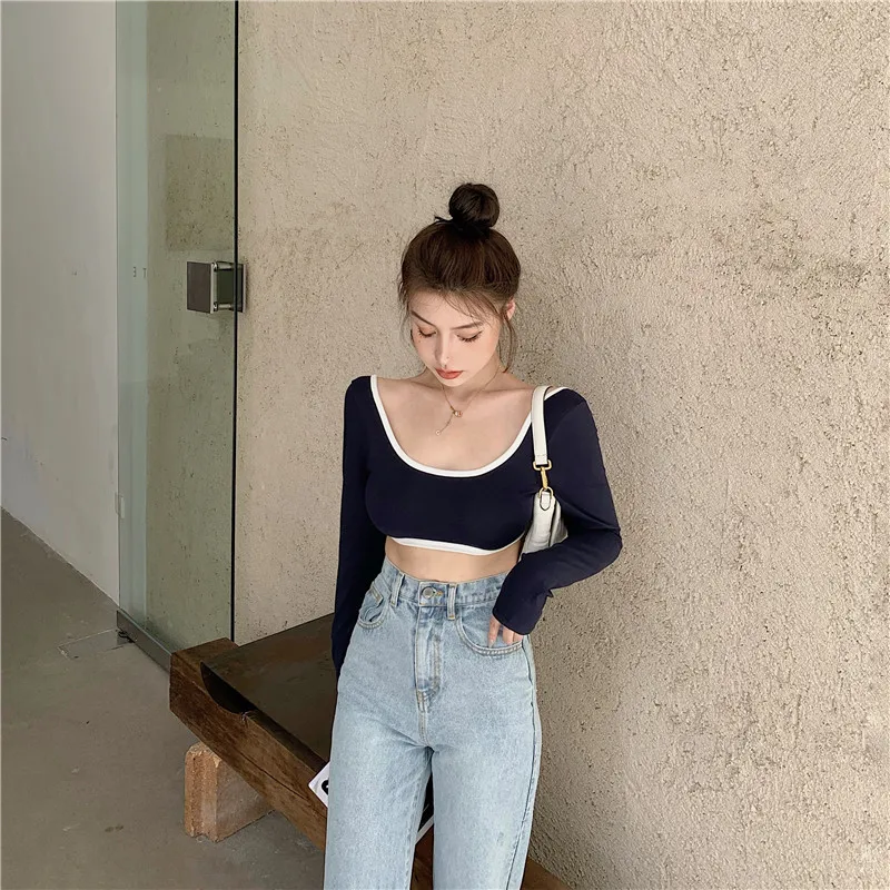

Women's high waist new long sleeve sexy navel Revealing European and American T-shirts Ultra short big U collar tops