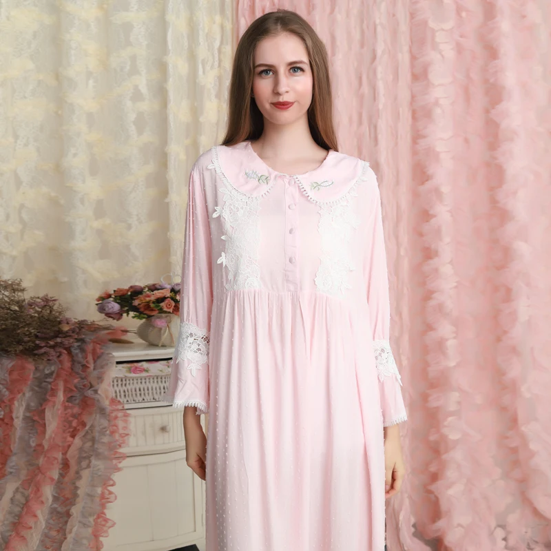 Женская ночная рубашка хлопковая розовая одежда для сна романтичная Осенняя