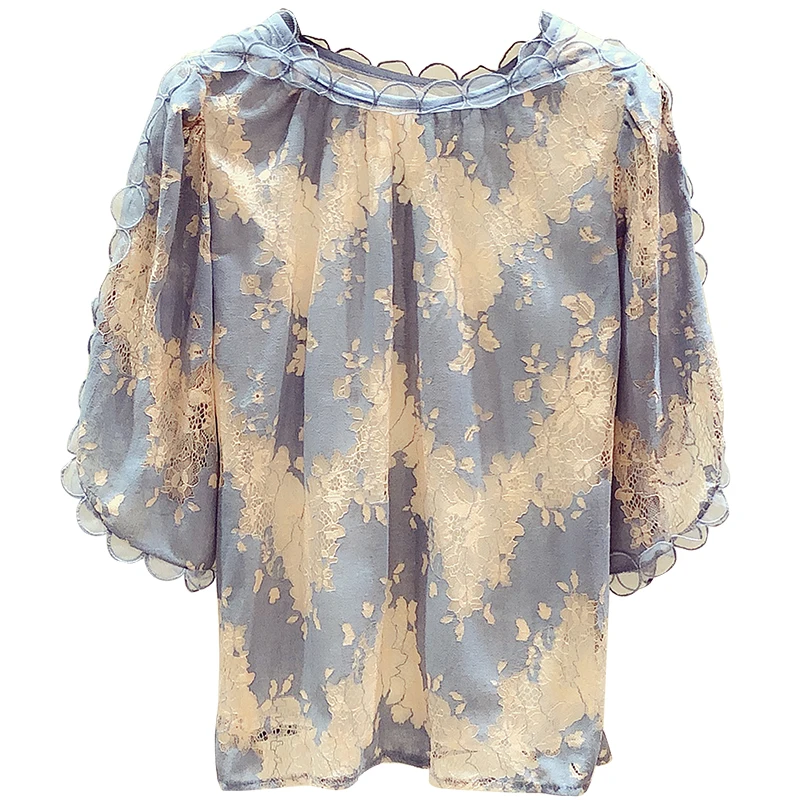 

half sleeve lace shirt women 2021 Summer New Floral print Temperament lady's all-Match pullover blouse tops