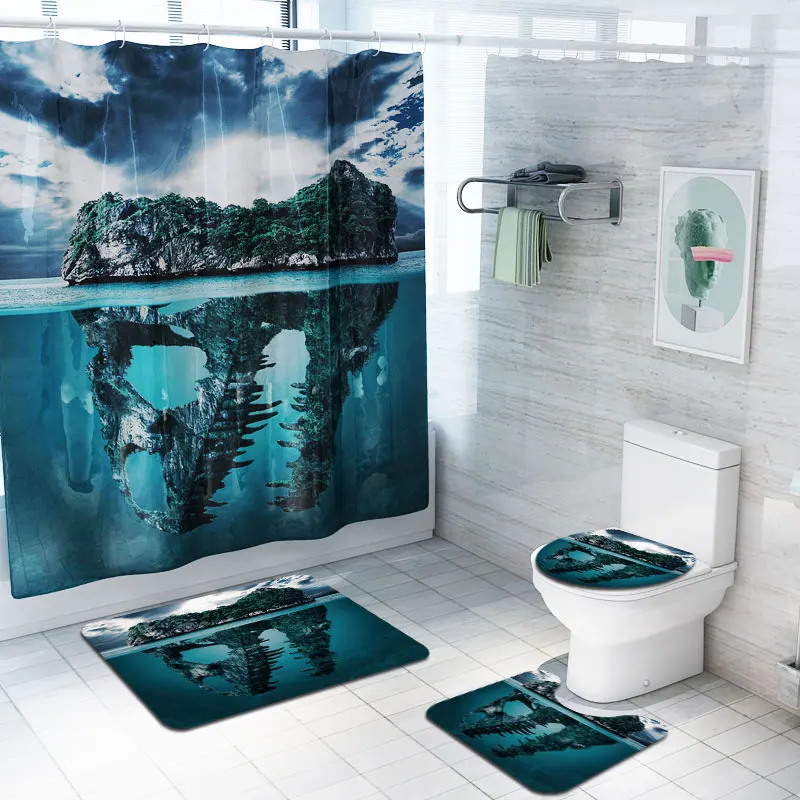 

2020 New Pattern Waterproof 3D Digital Printing Ocean beach Shower Curtain Toilet Cover Bath Mat Non-Slip Rug Set