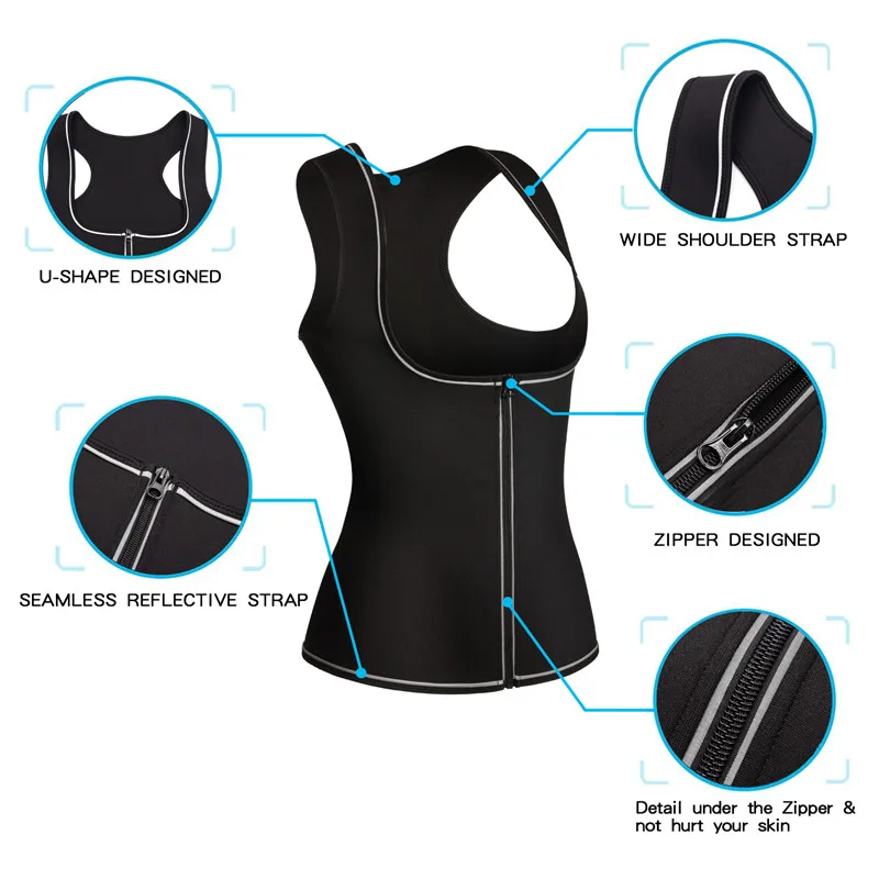 Junlan Women Reducing Sauna Vest with Zipper Neoprene Tummy Control Waist Trainer Shaping Tops Body Slimming Shapers Fat Burning