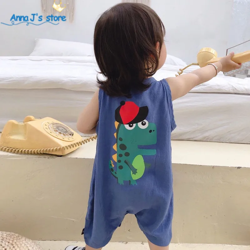 Детский льняной комбинезон с динозавром без рукавов |