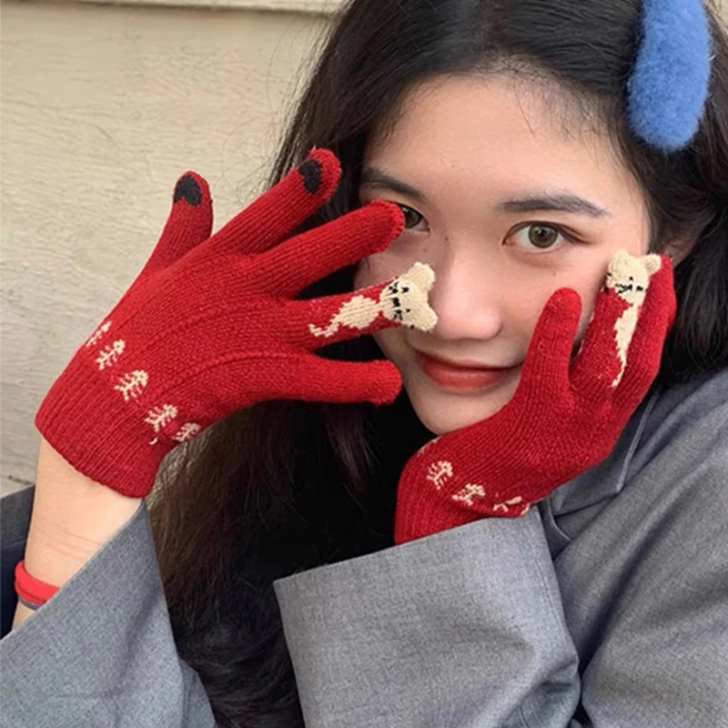 

5 Colors Chirstmas Snowman Pinted Crystal Velvet Touch Screen Gloves Cute Warm Woman Winter Knitted Five Fingers Mittens