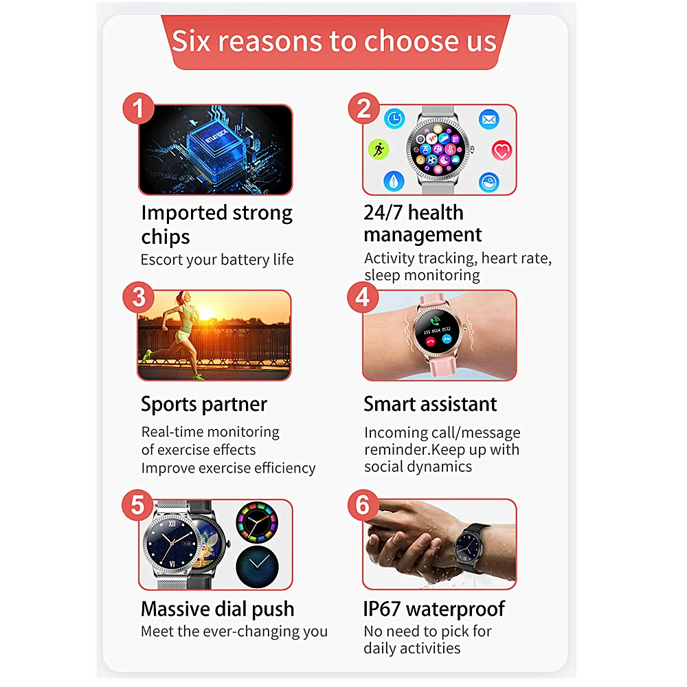 

Smart Watch for Girls Women with Round Full Touch Screen Heart rate monitor Call Message Reminder IP67 Waterproof montre femme
