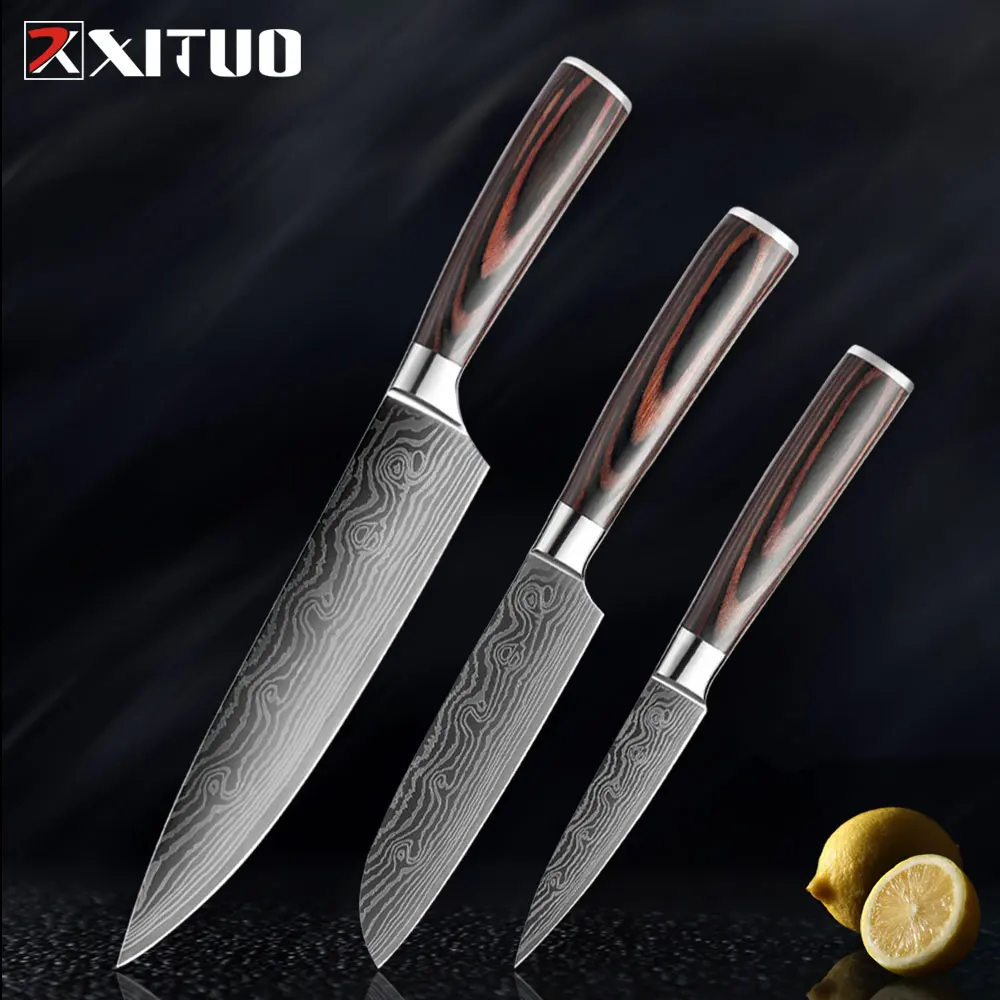 

XITUO Kitchen Knives Set Japanese Chef Knife Paring Utility Cleaver Santoku Sharp 7Cr17 Steel Kitchen Items Damascus Laser Knife
