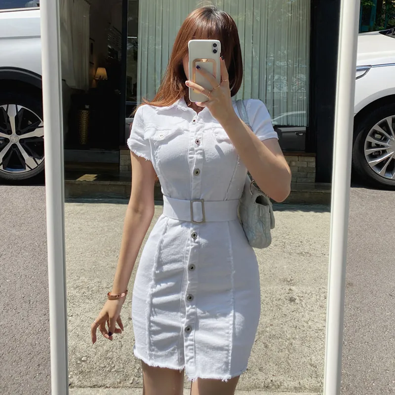 

2020 summer new Korean temperament slim single-breasted belt waist belt hip dress denim Office Lady Knee-Length