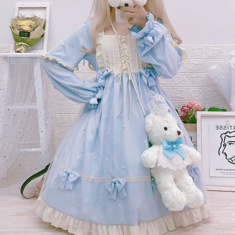 Women Ruffles Bow Lolita Dress Japanese Style Kawaii Girls Sweet Princess Fairy Vintage Mesh Cute Dresses Pink Blue Женская одежда