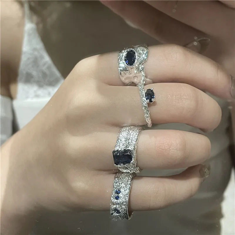 

European and American Niche Designs Multi-style Silver-plated Ring Geometric Irregular Lava Diamond Open Ring