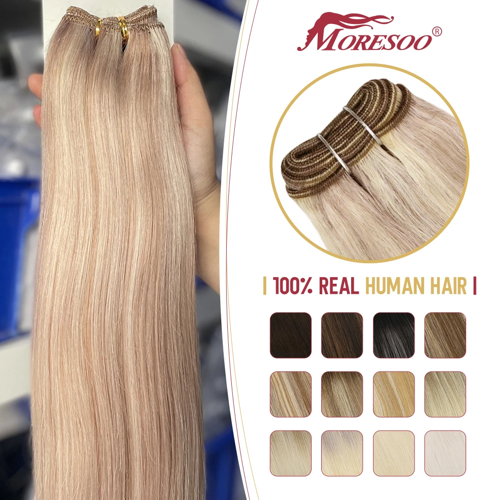 

Moresoo Sew in Double Weft Hair Extensions Weave Hair Human Bundles Machine Remy Hair 100 Gram Soft and Silky Weaves Straight