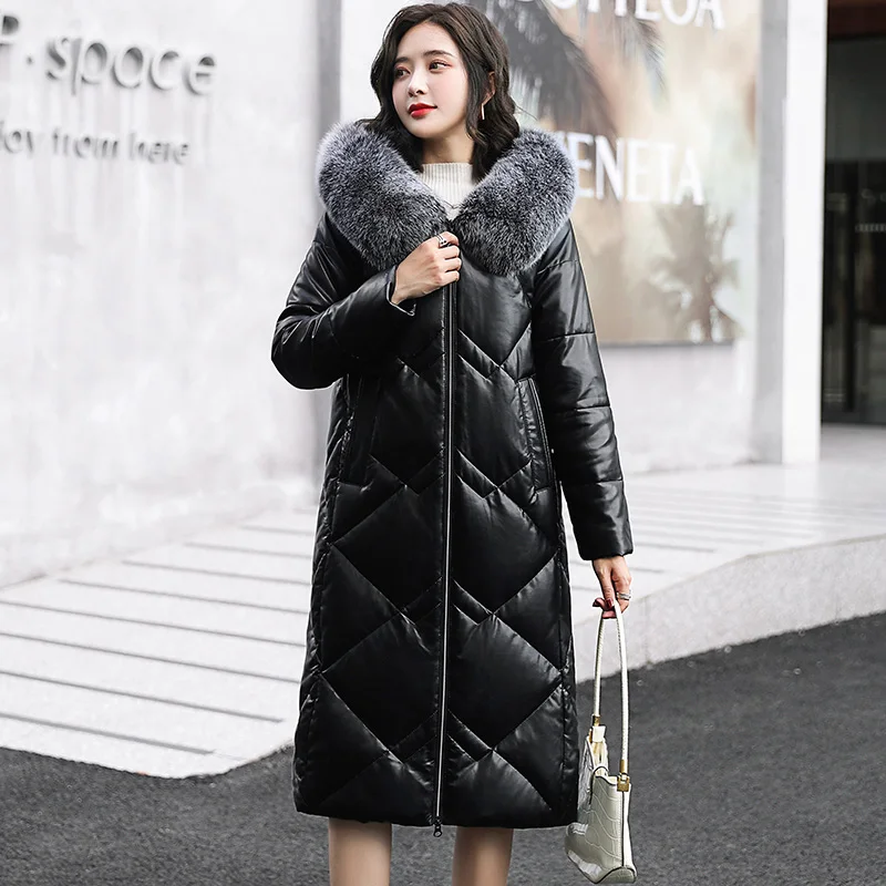 New Women Leather Overcoat Autumn Winter 2022 Fashion Real Fox Fur Collar Loose Long Sheepskin Down Jacket Leather Outerwear