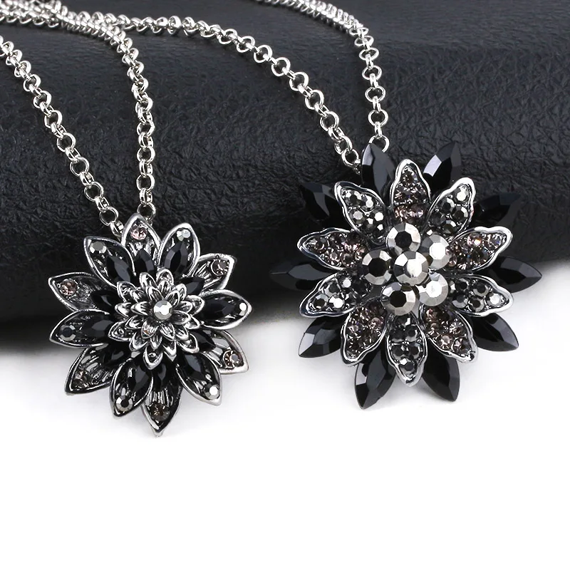 Черные ожерелья Далия винтажный цветок кристалл медный сплав подвеска ожерелье