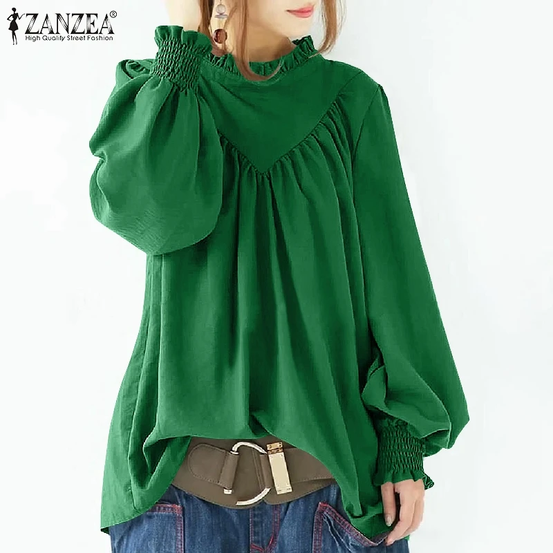 ZANZEA 2022 Women Fashion Casual Office Shirt Solid Chemise Femme Clothing Plain Ruffles Work Blusa Autumn Puff Sleeve Blouse