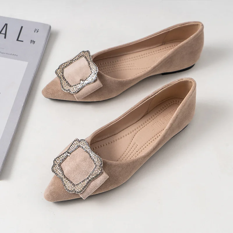 Metal Paillette Crystal Buckle Flats Woman Grandma Shoes Women Sneakers Loafers Pointed Toe Flock Moccasins Femme Big Size 34-42