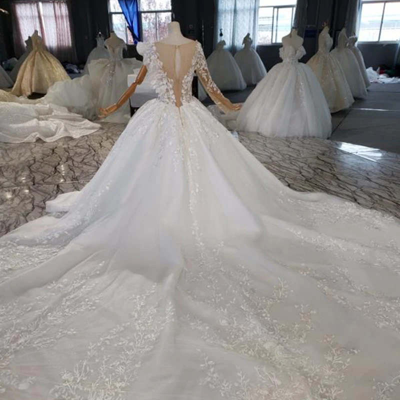 HTL1926 Elegant White Wedding Dress Palace Style Luxury Gorgeous Deep V-neck Lace One Shoulder Long Sleeve Gown Sexy Bridal Gown