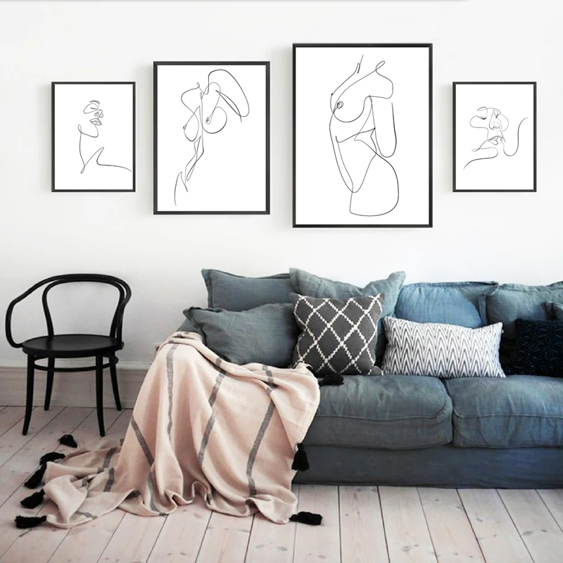 Абстрактная Обнаженная поцелующая линия боди арт Картина на холсте настенное