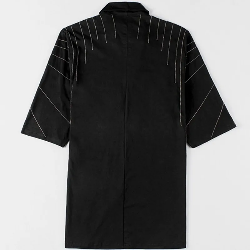 

Fashion Men Turtleneck Tops Loose Fit Cotton T-Shirt Gothic Embroidery Striped Tees Personality Summer Mens Casual Long T-Shirts