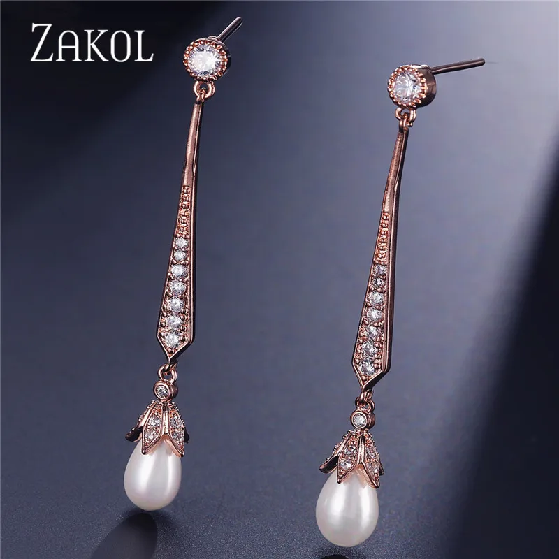 ZAKOL модные серьги-подвески из розового золота с кубическим цирконием, изысканные белые серьги с искусственным жемчугом, свадебные украшения FSEP527 - Окраска металла: Rose Gold Color