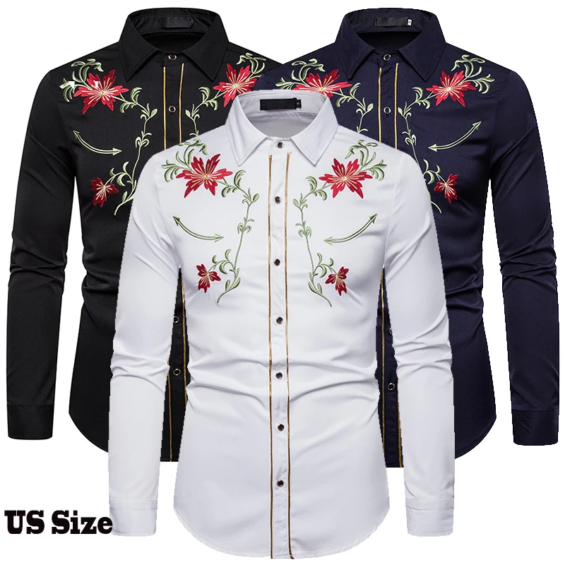 Мужская рубашка в западном стиле джинсовая с цветочной вышивкой Тонкая
