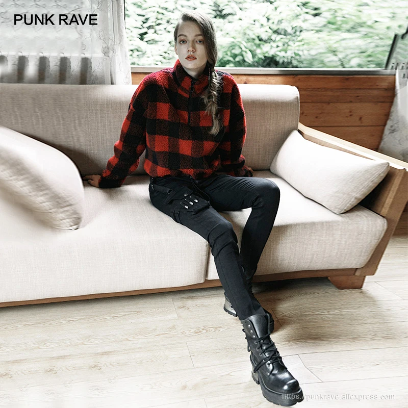 

PUNK RAVE Girl's Grunge Zipper Fly Bullets Fitted Jeans Black Jeans Black Skinny Jeans Women Sexy Pant Trousers