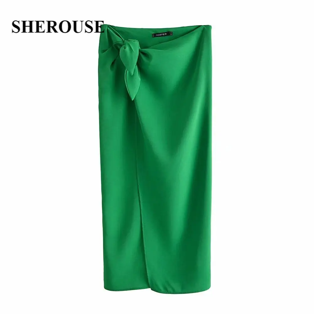 

SHEROUSE Fashion Women Skirt with Knot Vintage High-waist slit Elegant Chic Lady Wrapped Style Woman Midi Long skirts jupe