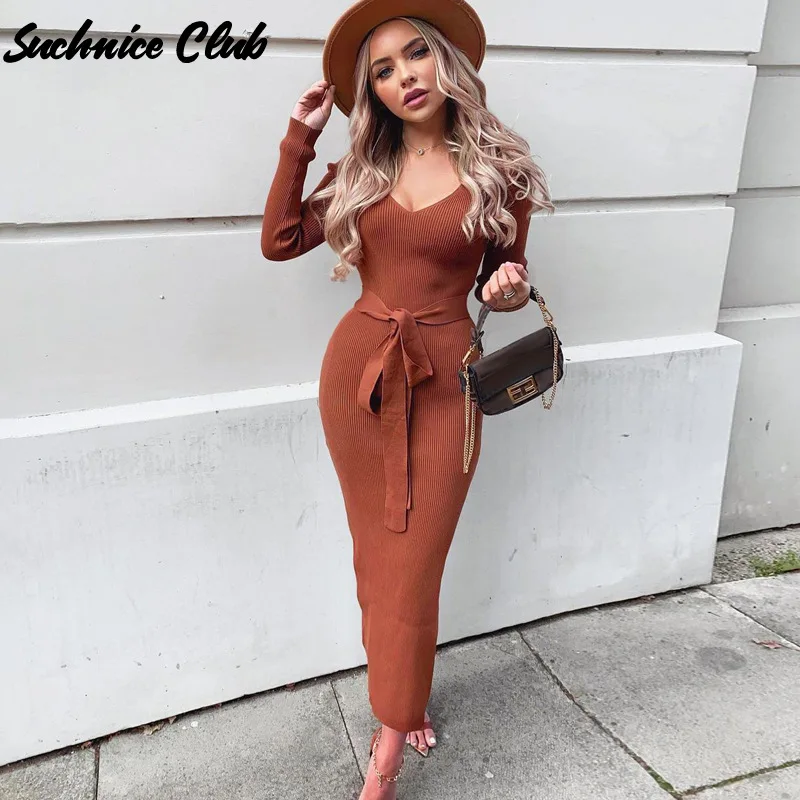 

Winter Sexy V-neck Tight Dress Solid Color Long-sleeved Lace-up Midi Dresses for Women Bodycon Elegant Party Slim Dress