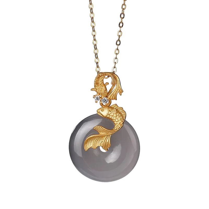 

S925 sterling silver gold-plated Hetian smoke mauve jade pendant retro personalized carp peace buckle women's pendant