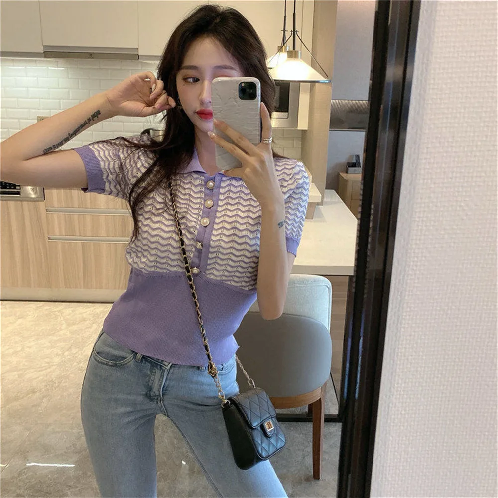 

Retro little fragrant style lapel water pattern temperament sexy knit short-sleeved ultra-thin stretch new top Women's Fashion S