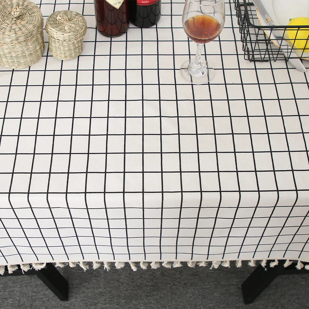 

White Plaid Table Cloth Decorative Square Rectangular Table Cover Tassel Tablecloth Nordic Dining Room Kitchen Tablecloths Black