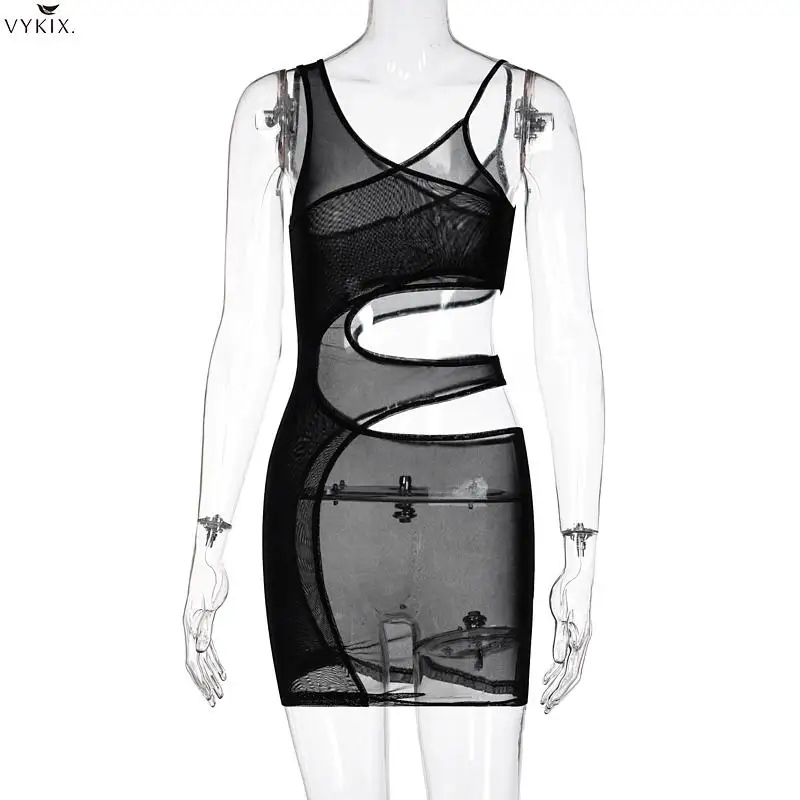 

Summer Mesh Patchwork Black Mini Dress Hollow Out Bodycon Sexy Dress Streetwear Woman Clothes See Through Sheer Clubwear Dresses