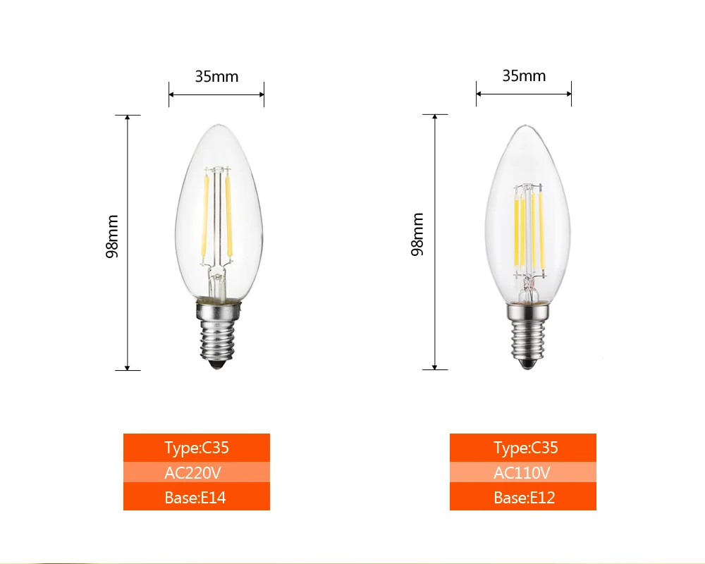 E14 Led Bulb 220v 240v 110v E12 2W 4W 6W C35 Candle Light Bulb Retro Edison Filament Lamp Chandelier Lighting Blub Home Decor